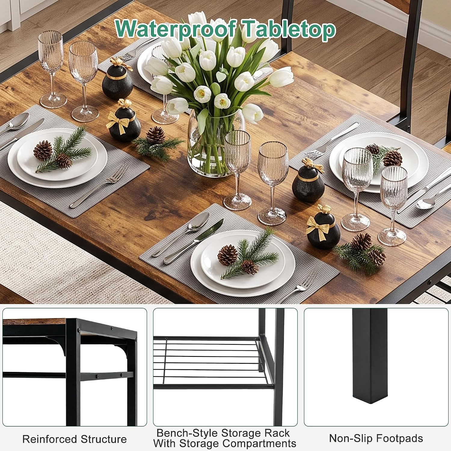 Kitchen Dining Room Table with 2 Chairs & Bench, Compact Space-Saving Design, Ea