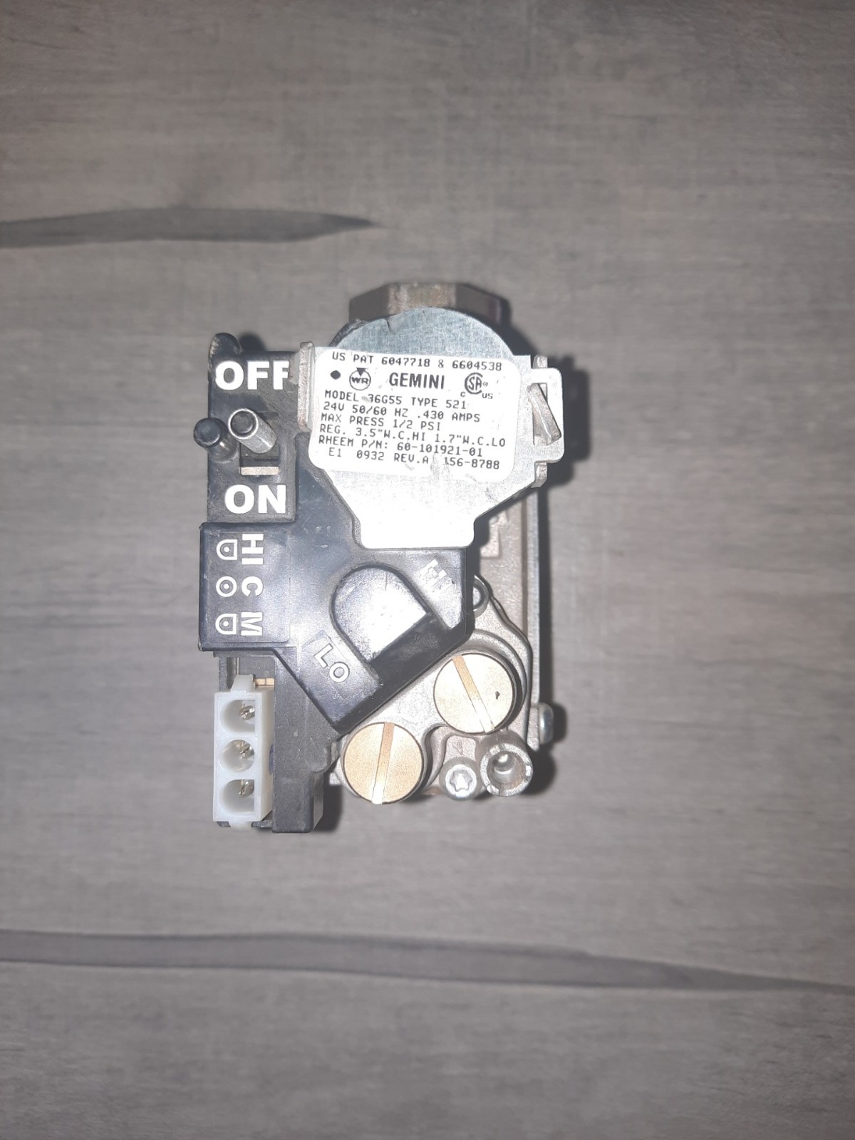 WHITE RODGERS GAS VALVE 36G55-521 60-101921-01 (AB 1661) V1