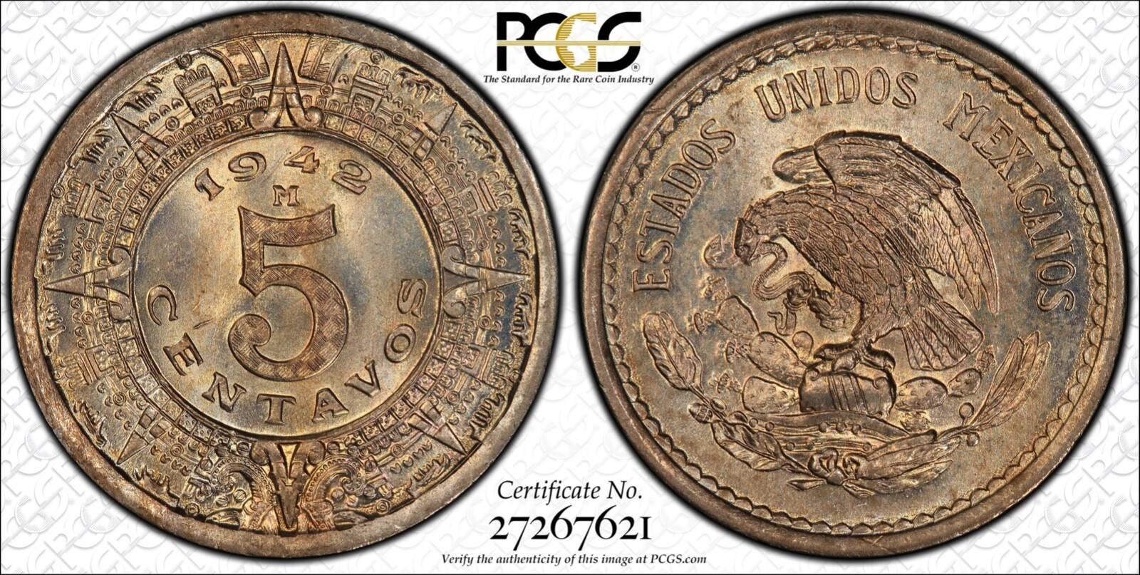 MEXICO ESTADOS UNIDOS 1942 5 CENTAVOS COIN, PCGS CERTIFIED GEM UNCIRCULATED MS65
