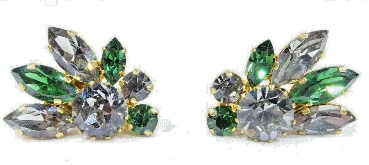 Austria Flower Clip On Earrings Green & Clear Stones Made in Austria