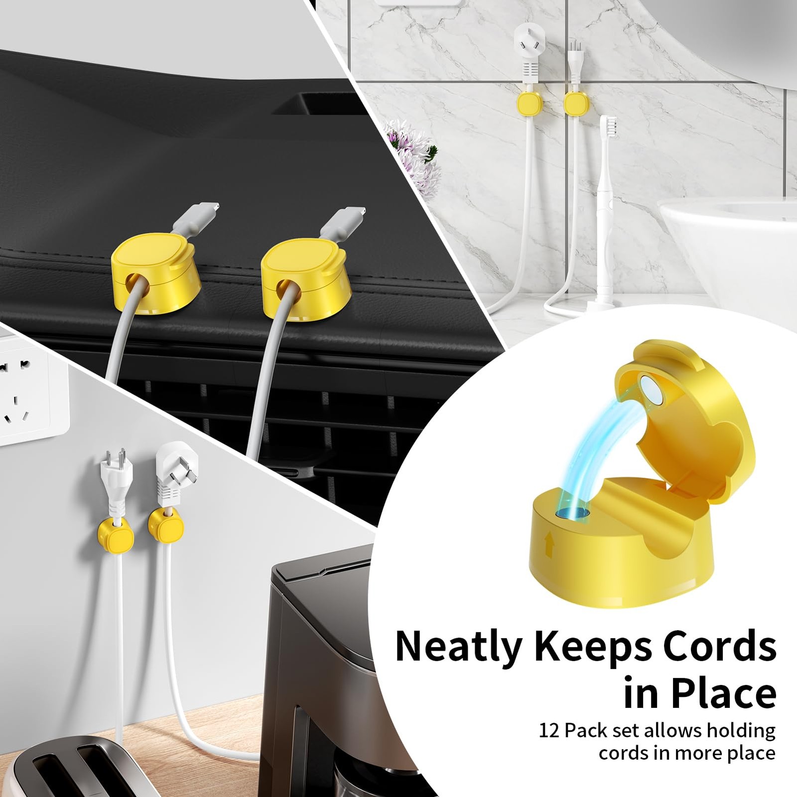 12 Pack Magnetic Cable Management Clips - FlyCoco Cord 12, 12 Yellow