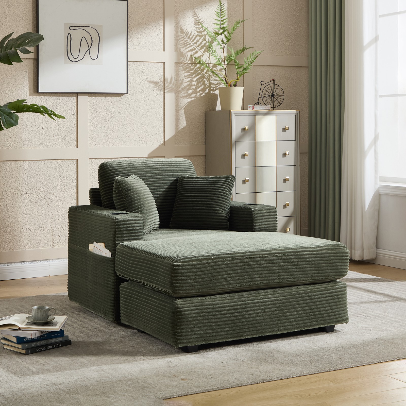 Corduroy Upholstered Chaise Lounge Sofa,Magazine bag,Detachable Cushions Green