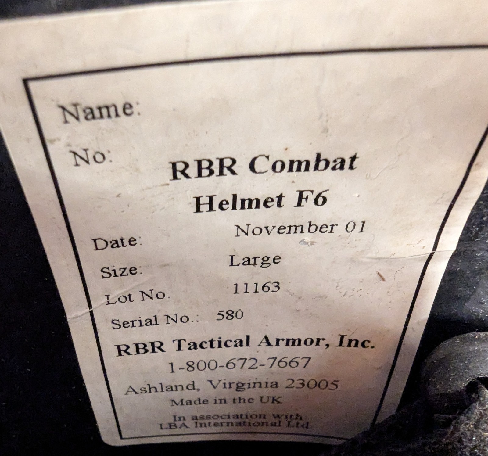 RBR Tactical Armor F6 Combat Helmet, Large, Black, Original