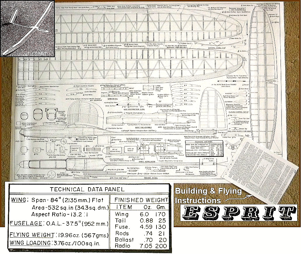 Printed RC plans & Patterns + Instructions ESPRIT FLYING SAILPLANE Span 84"