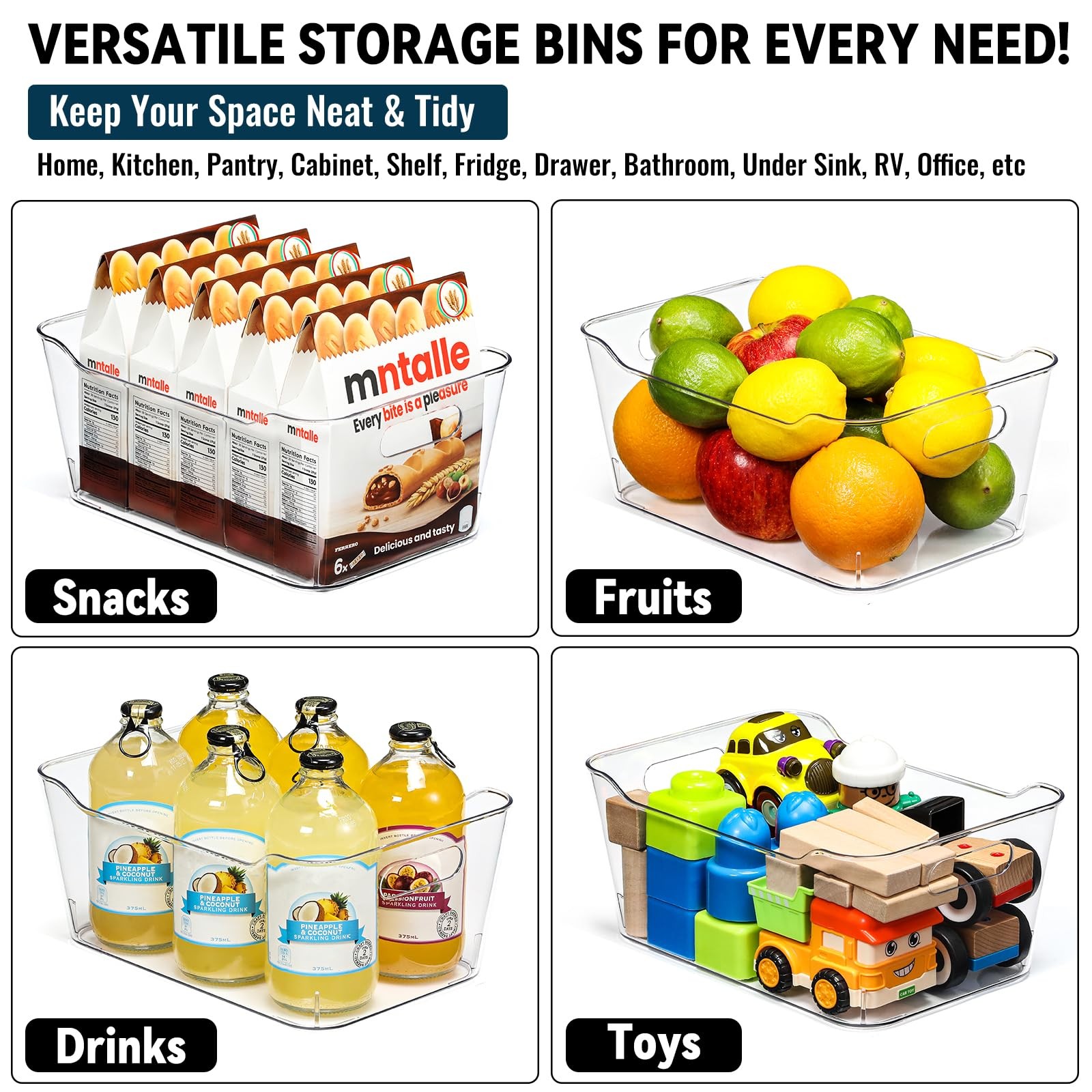 12 PACK Multiuse Clear Plastic Storage Bins for Organizing w/ Medium,