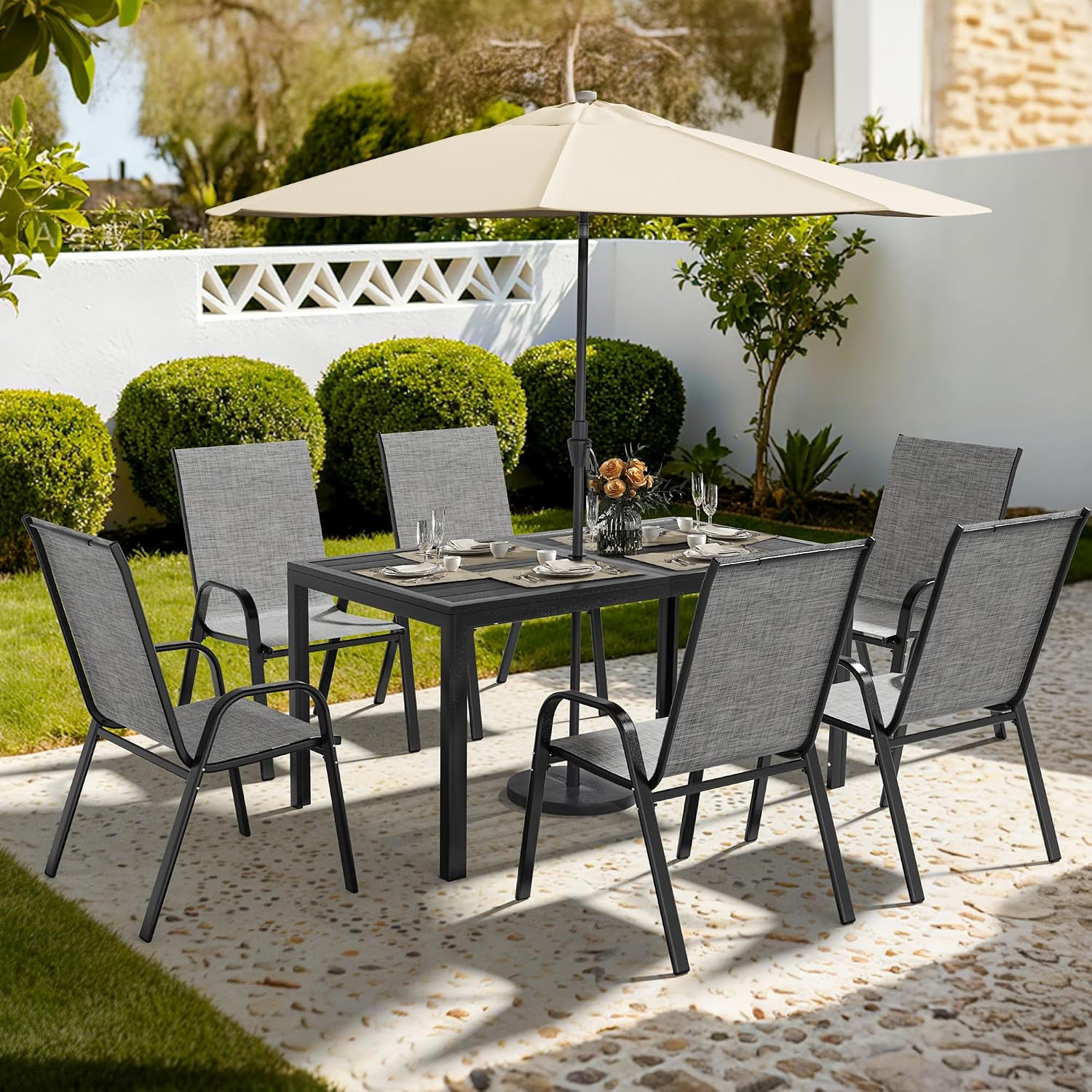 Outdoor Dining Sets for 6, Rectangular Steel Slat Table with 6 Textilene Chairs,