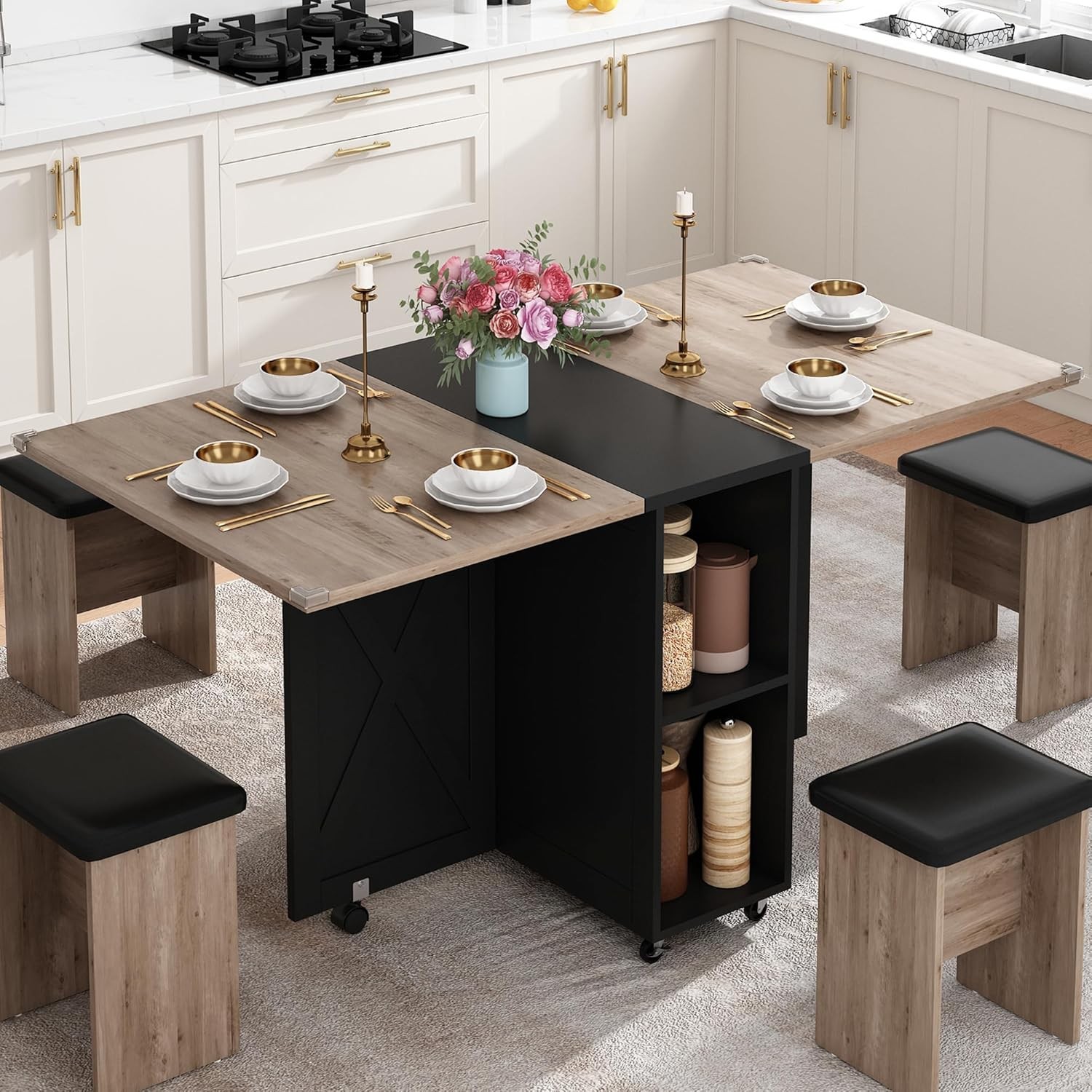 5 PCS Farmhouse Dining Table Set for 4,60" Large Folding Dining Table Set w/ 4
