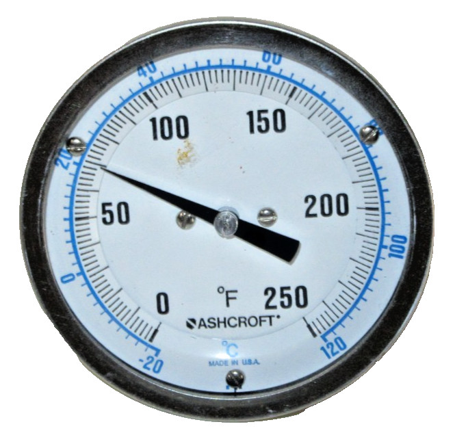 ASHCROFT Dial Thermometer: 0°F to 250°F /-20°C to 120°C, ±1% Accuracy, 2.5" Stem