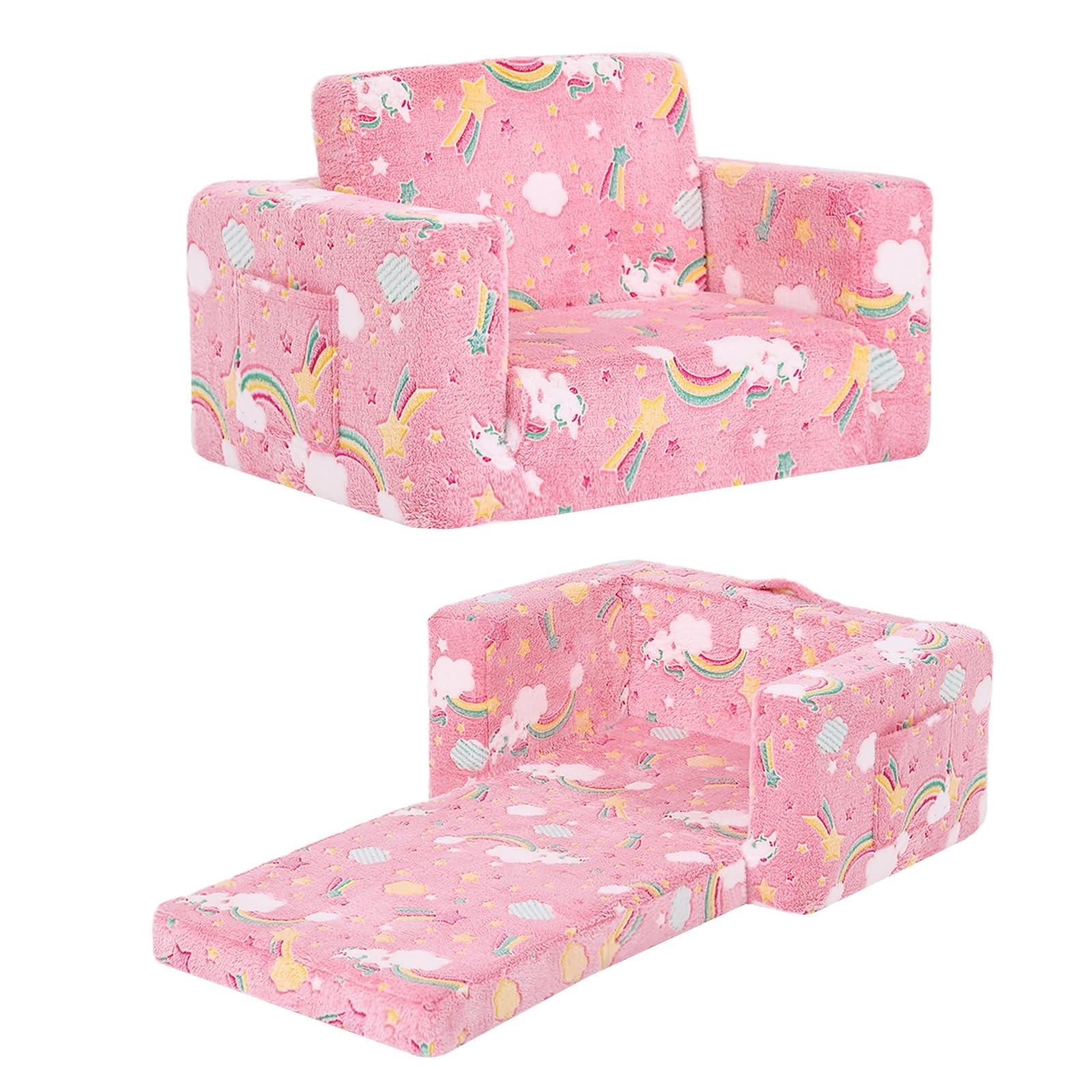 Kids Sofa Toddler Chair, Children Couch with Side Pockets 2 in 1 Glow in Dark...
