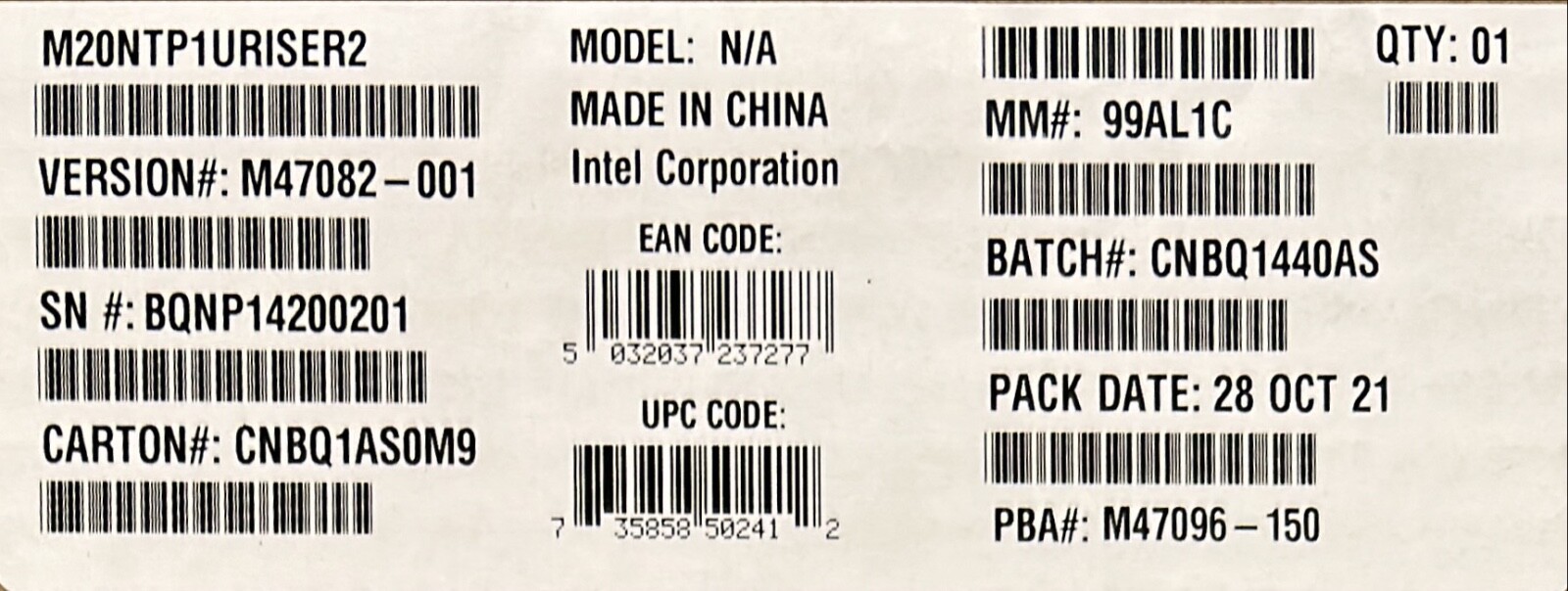 Intel M20NTP1URISER2 1U PCIe Riser x16 PCIe slot NEW- NO BOX BULK PACKAGING