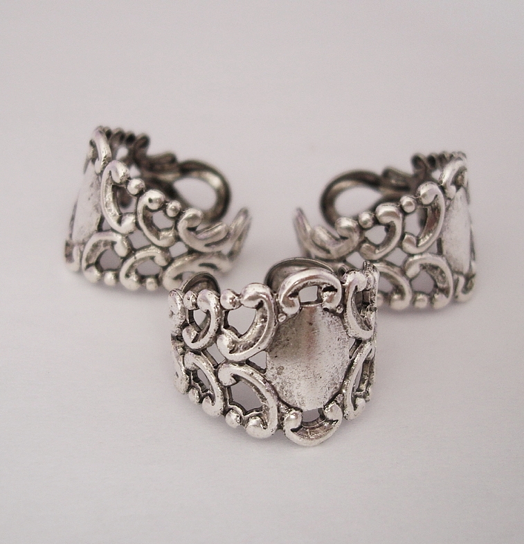 Ring Base Adjustable Filigree Setting Antique Silver Made in USA-2pcs.