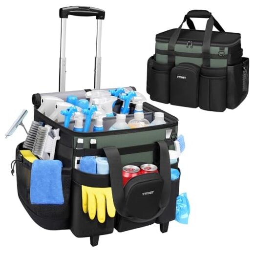 Cleaning Caddy with Wheels, Extra Large Rolling Cleaning Caddy Bag Black Green