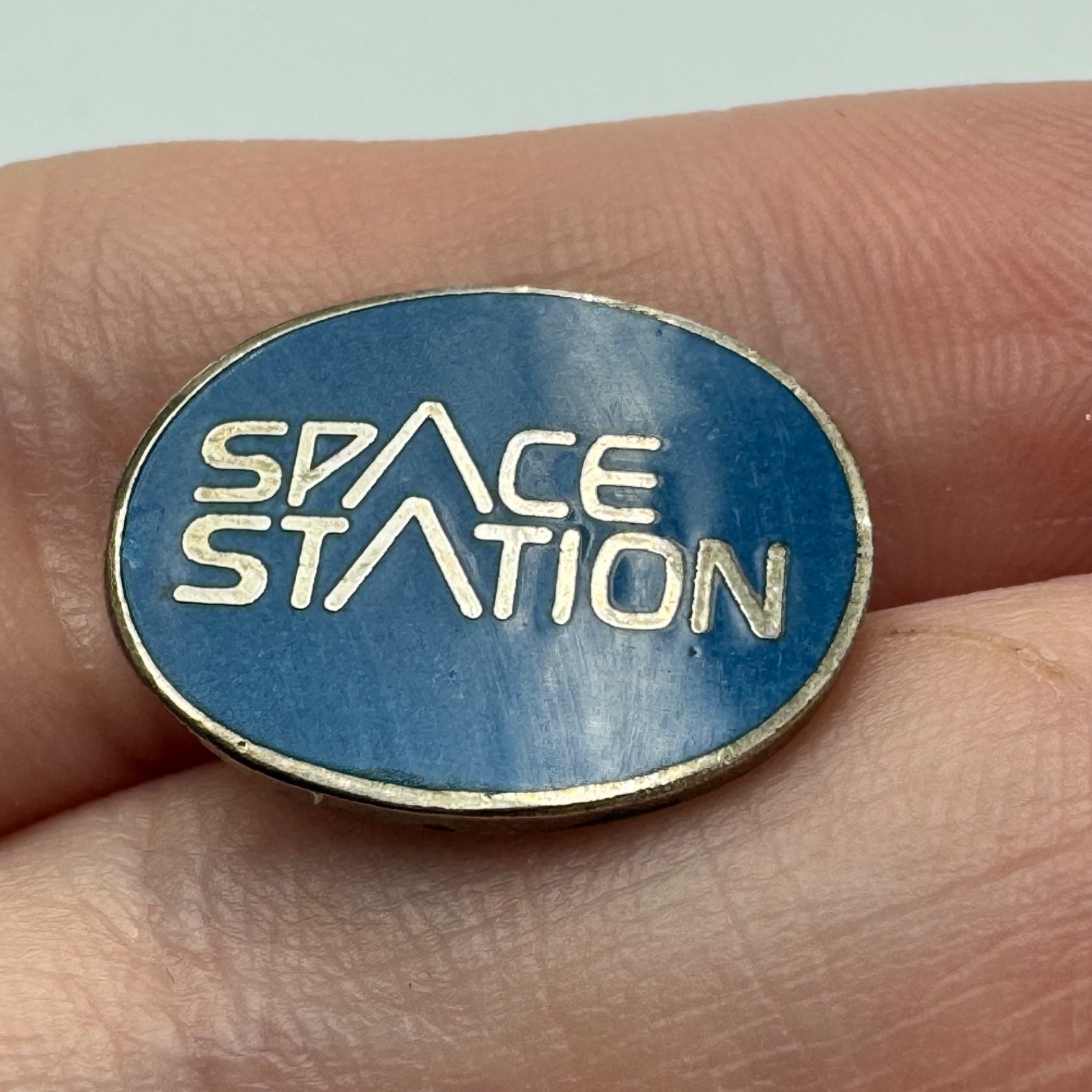 Vintage ISS Space Station Text Logo Lapel Pin Tie Tack Blue Oval Enamel