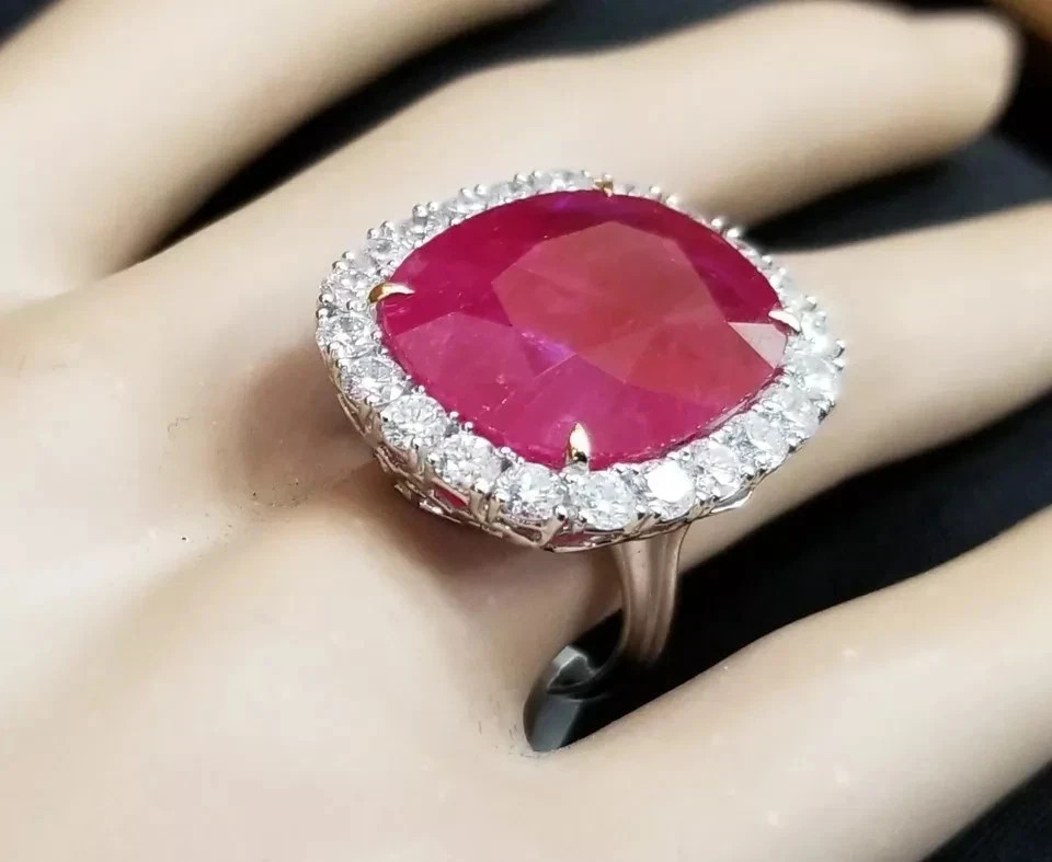 11.80 Ct Cushion Natural Ruby & Diamond Wedding Ring Sterling Silver
