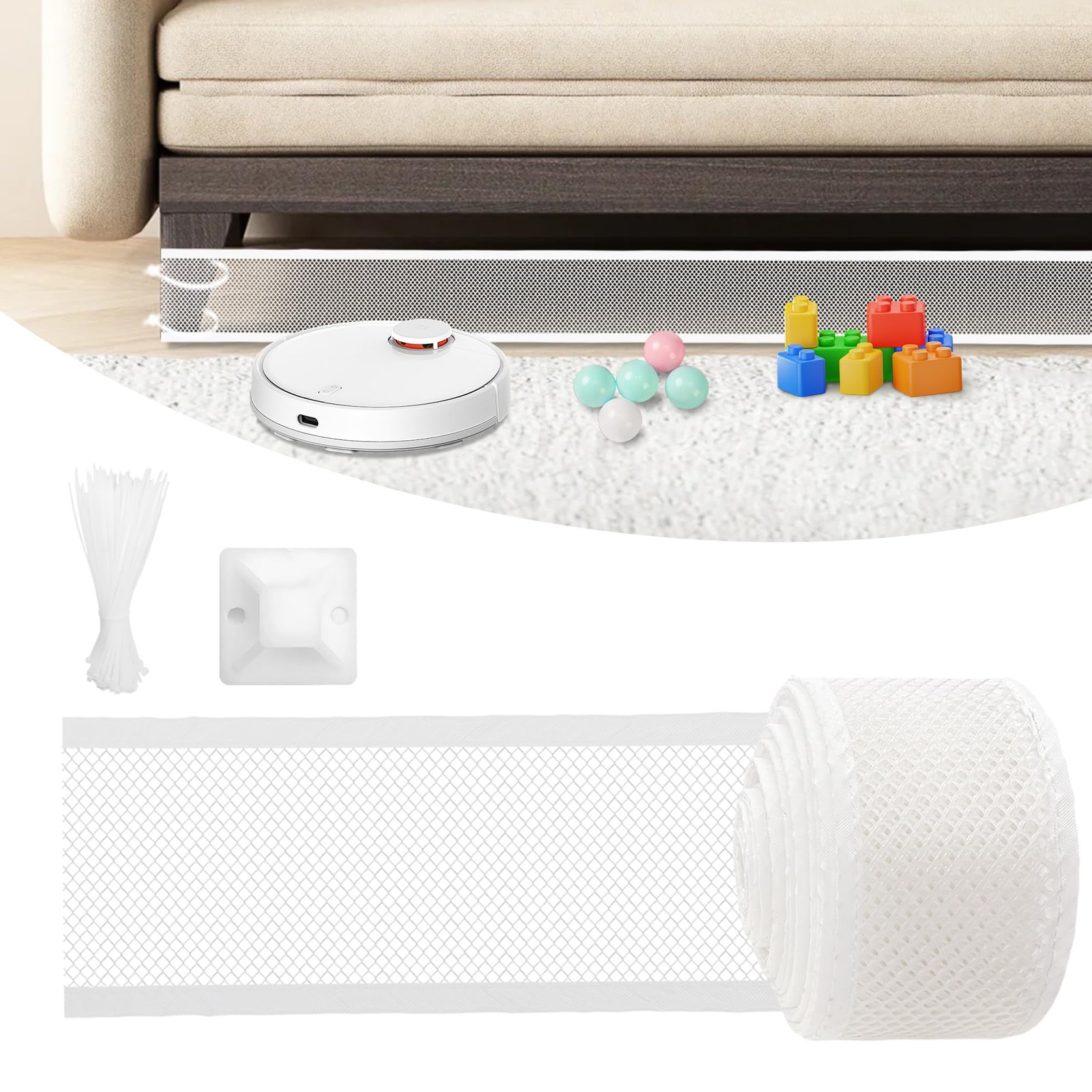 4x 394 Under Couch Blocker, Furniture, 30 Cable Ties, Stop Toys, White
