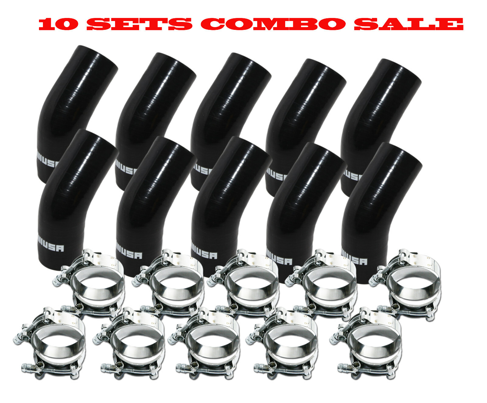 10SET Universal BLACK 4PLY 1x45 Degree 2.5"ID Silicone+2xStainles Steel T-clamp