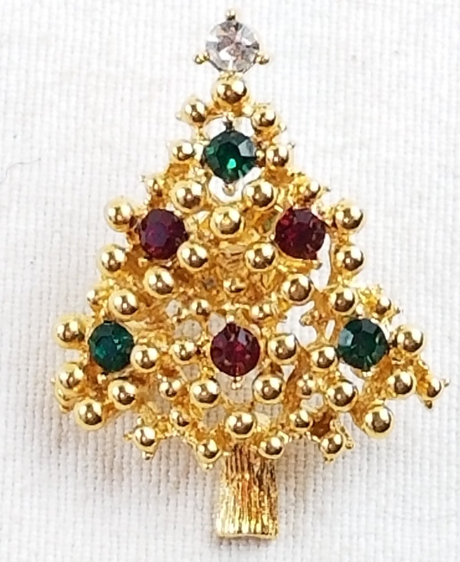 Christmas Tree Pin brooch Goldtone Rhinestones Really Nice unmarked
