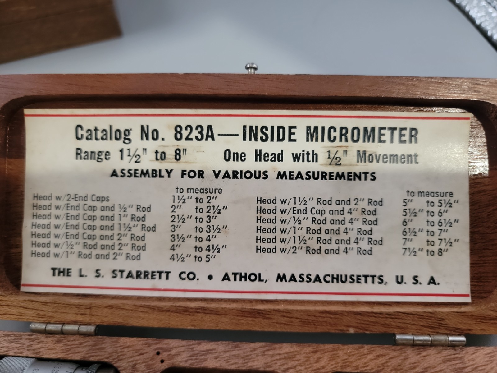 Starrett No. 823A - Inside Micrometer 1 1/2" to 8"
