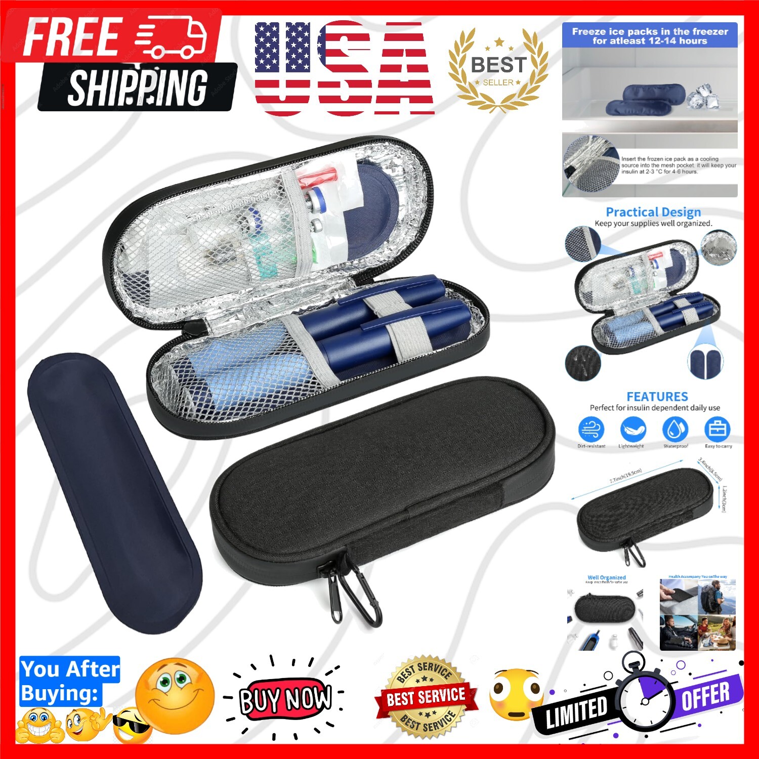 Portable Diabetic Travel Case with Insulation and Storage for Insulin Supplies