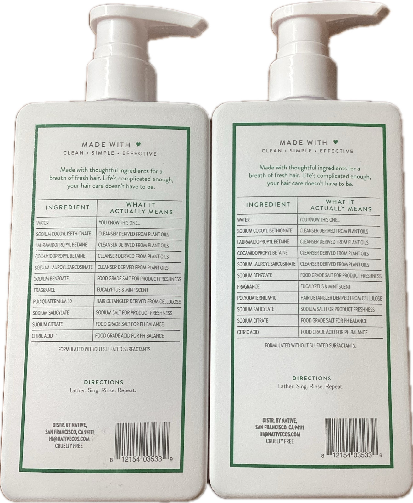 Native Scalp Refreshing 2-in-1 Shampoo/Conditioner Eucalyptus Mint 16.5 fl oz X2