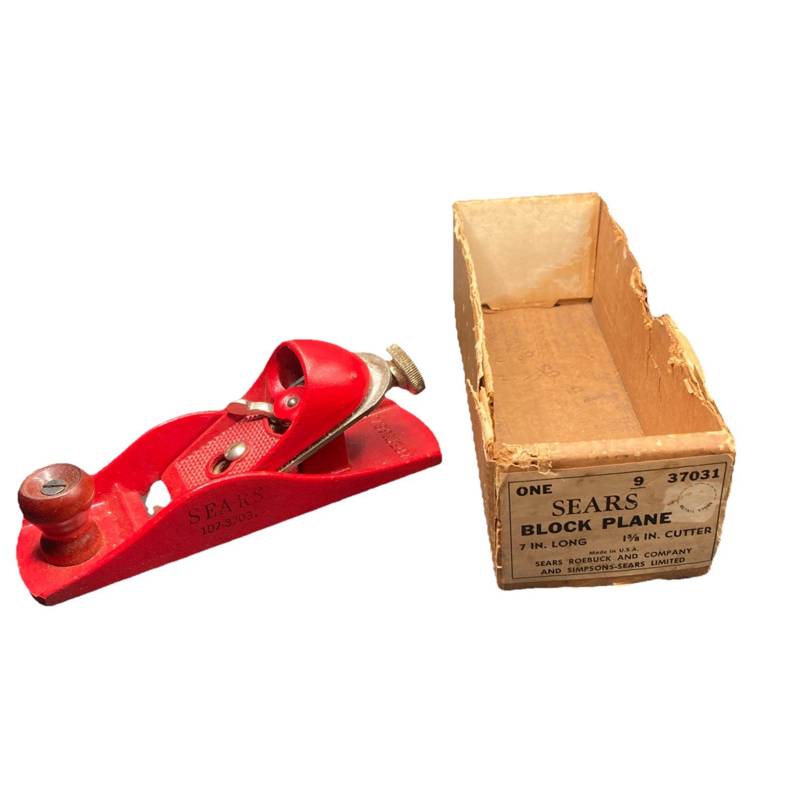 Vintage Sears Block Plane With Half Box Hand Tool For Wood 107-37031 USA 7 Inch