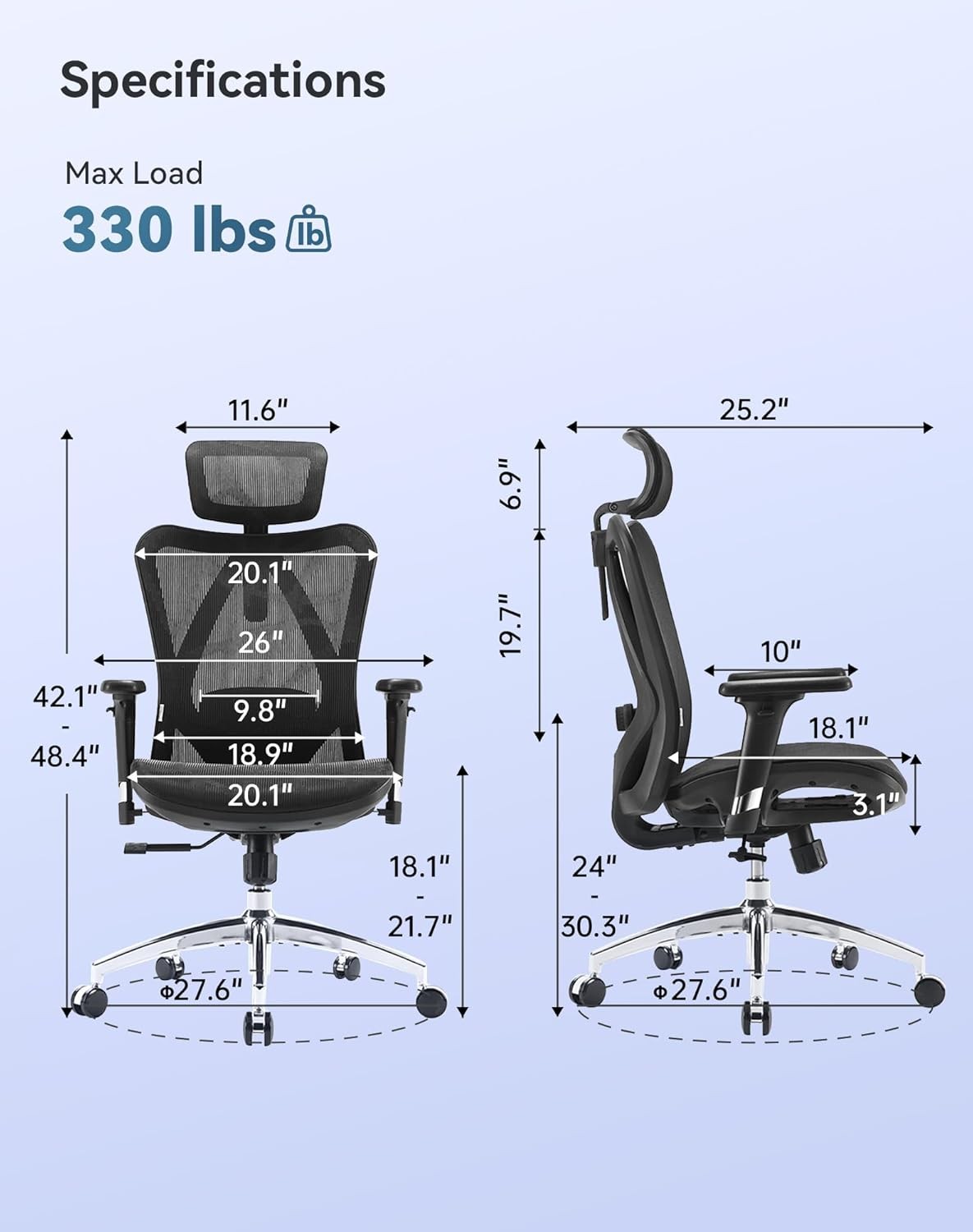 M57 Ergonomic Mesh Office Chair, 330-pound weight capacity — Black