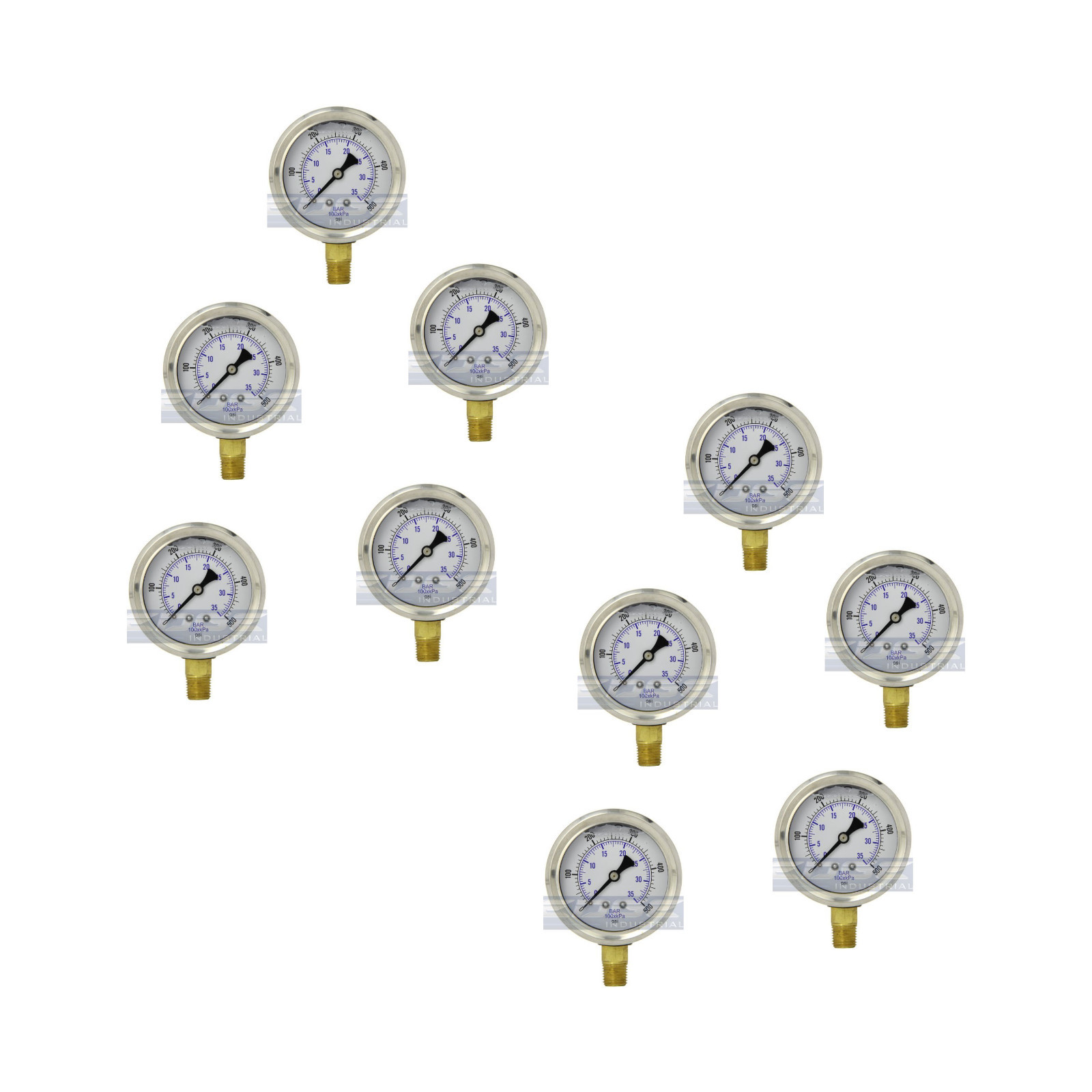 10 PACK LIQUID FILLED PRESSURE GAUGE 0-500 PSI, 2.5" FACE, 1/4" NPT LOWER MOUNT