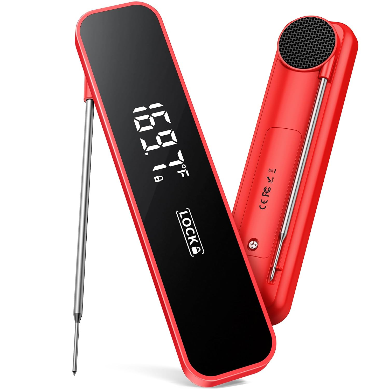 0.3 Sec Instant Read Meat Thermometer Digital for Grilling, Red | Waterproof, fo