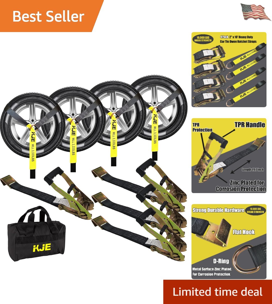 Car Tie Down Straps Pack of 4 2 x 10 Snap- TD Trailers Lasso Style Tire Ratchet