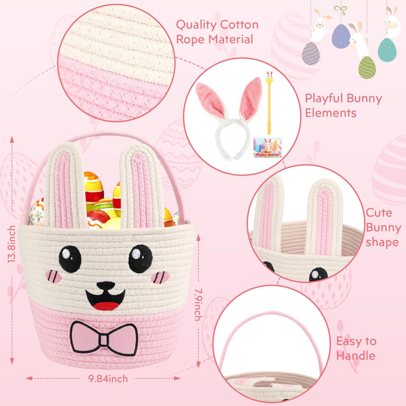 Hooutky Easter Bunny Basket for Kids, Large Capacity Easter Egg Fillable Bask...