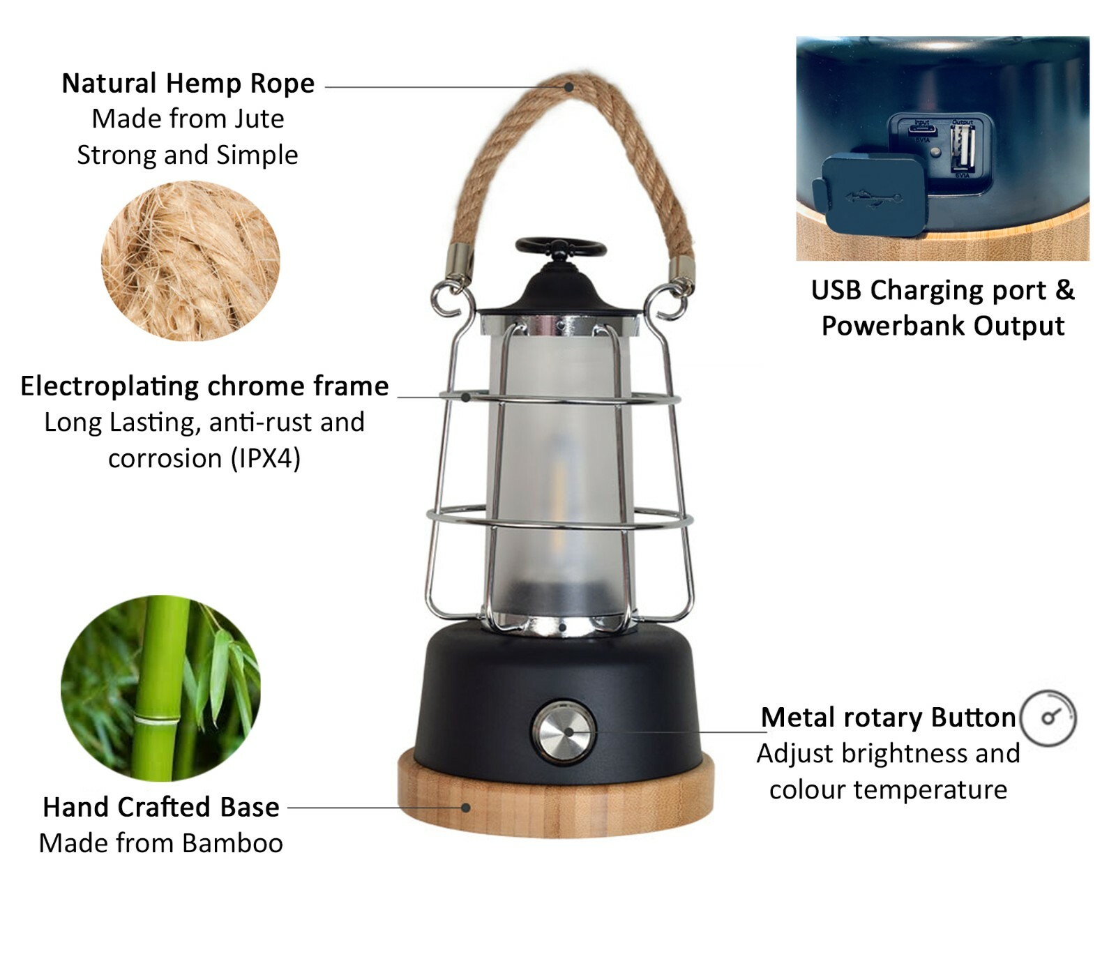 Retro Outdoor Water Resistant LED Lantern, Rechargeable, Dimmable