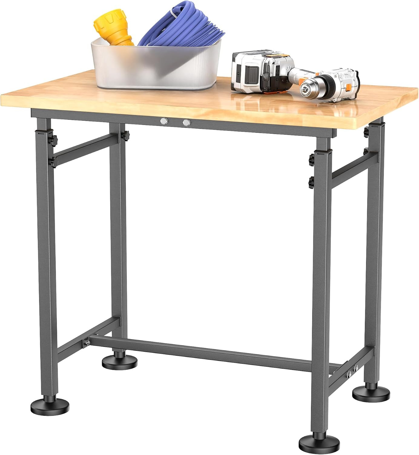 Workbench for Garage, Adjustable Height Work Table, Heavy Duty Rubber Wood Top W