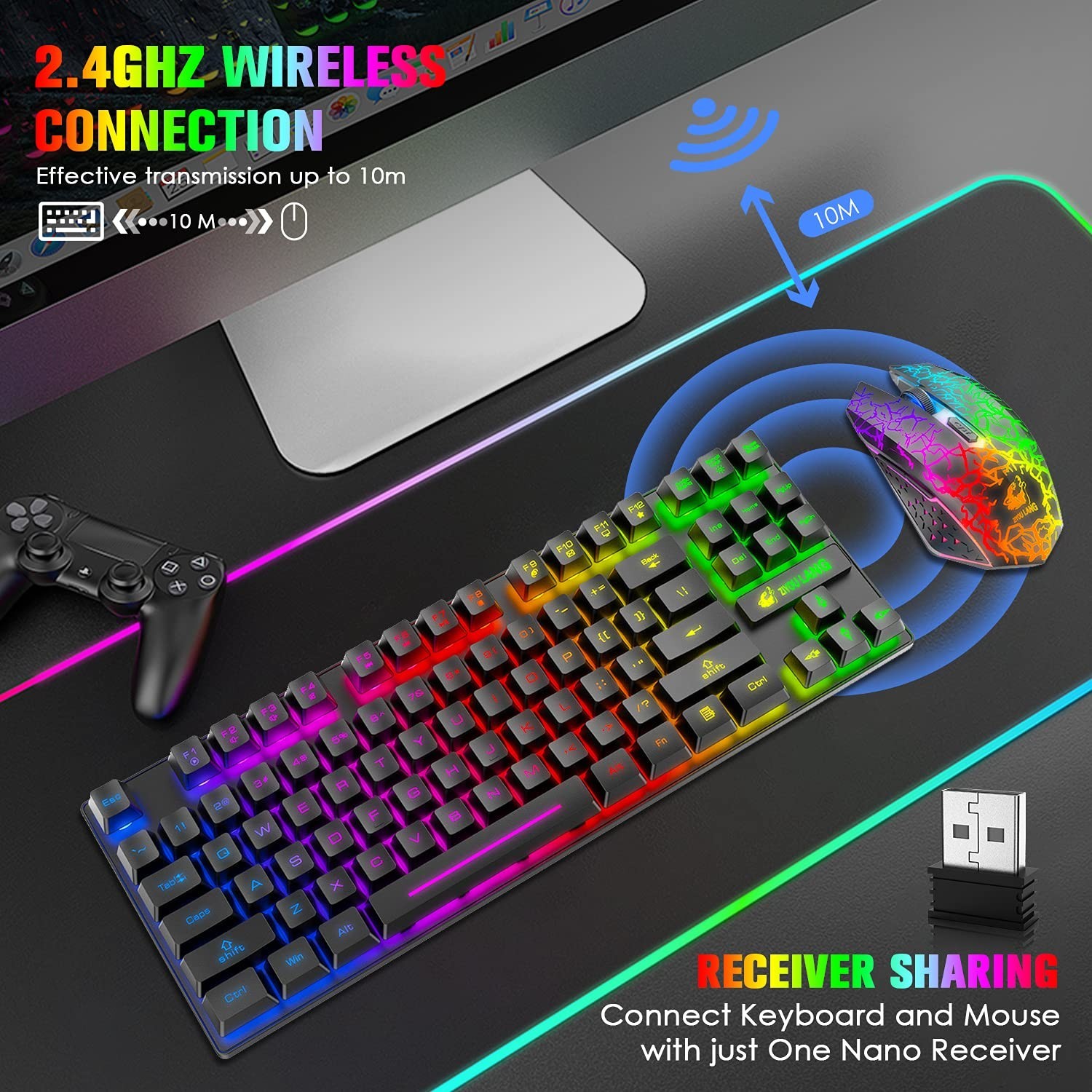 Wireless Gaming Keyboard and Mouse Combo,Rainbow Backlit Rechargeable 3800mAh...