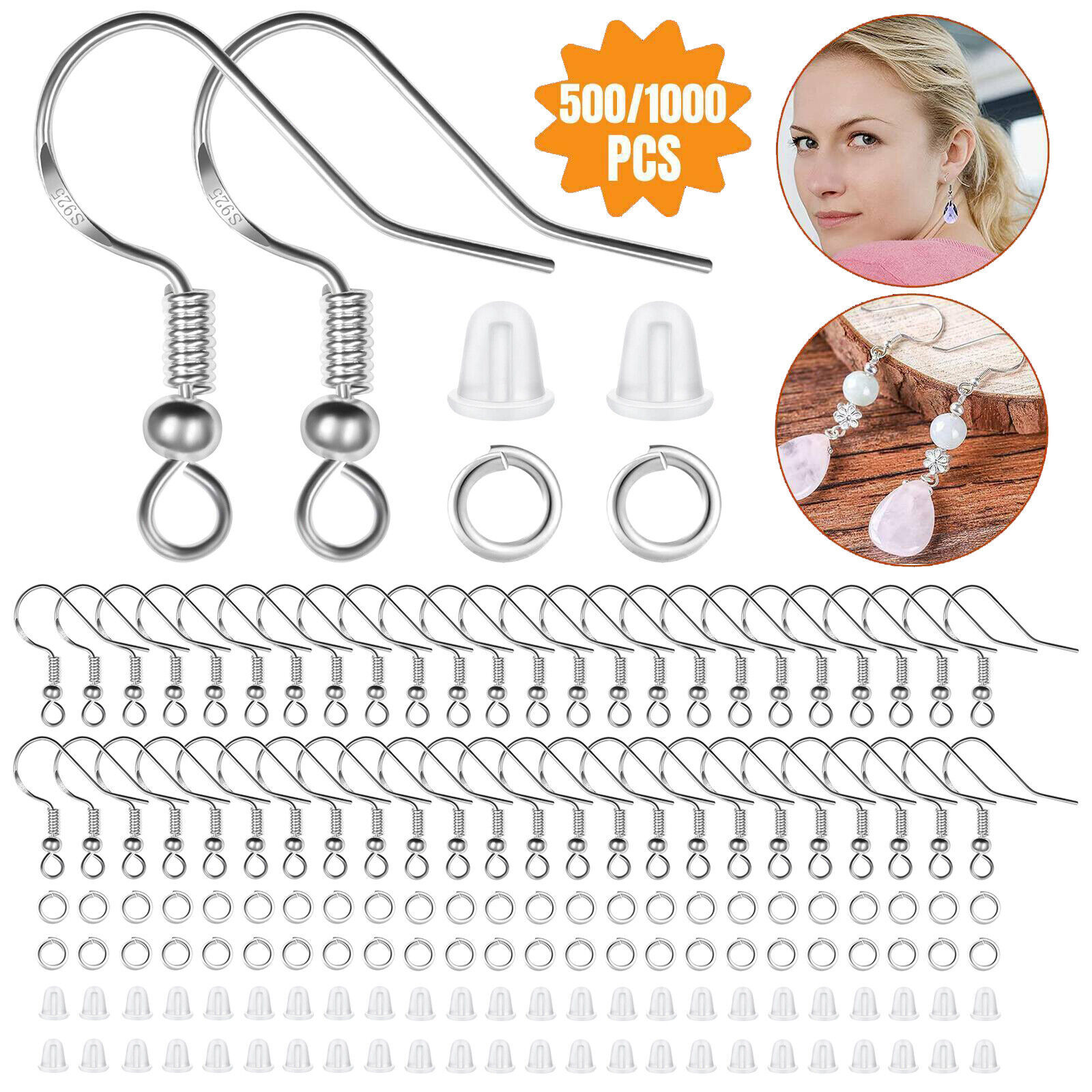 500/1000 PCS Jewelry Making Findings 925 Sterling Silver Earring Hooks Ear Plugs