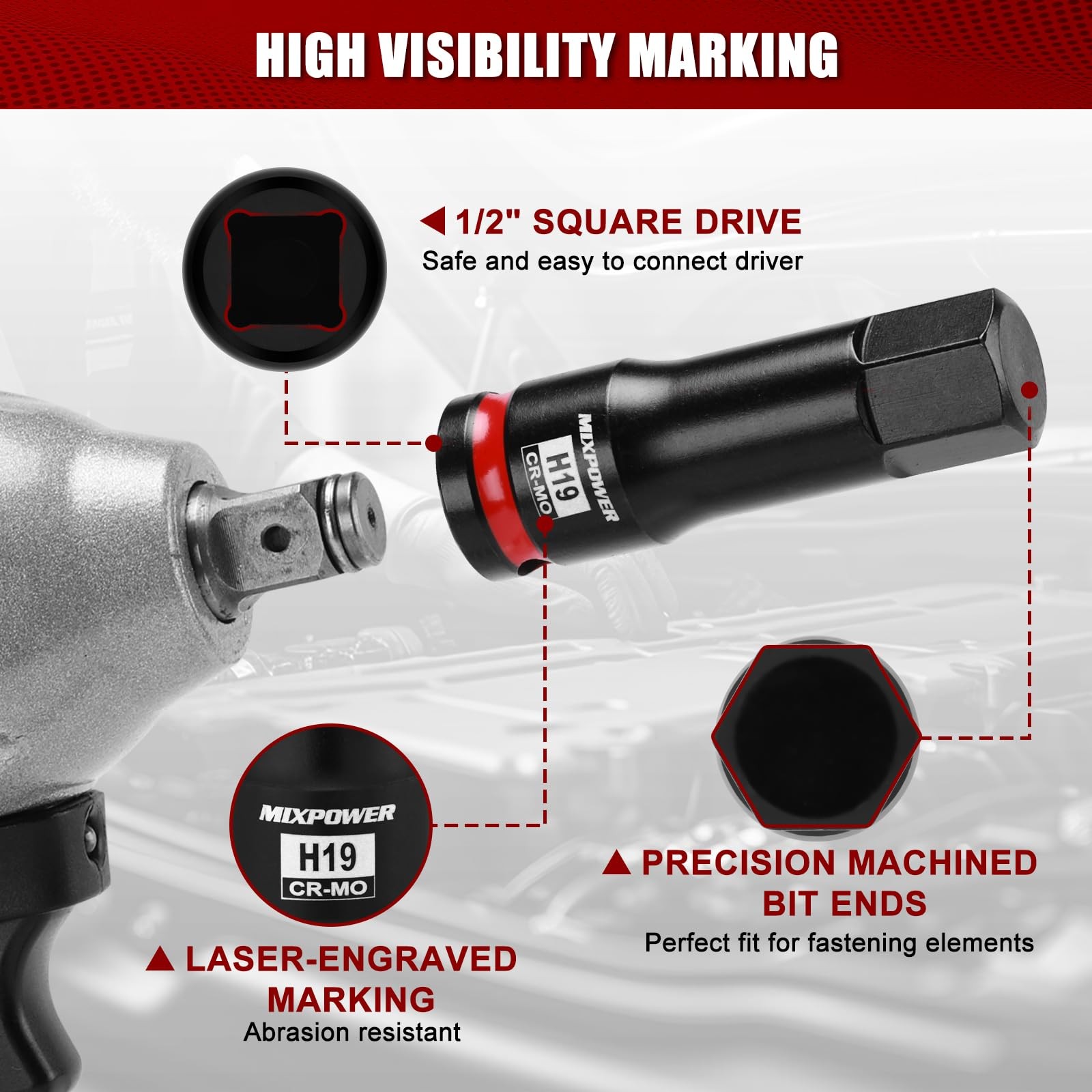 MIXPOWER 1/2" Drive 19mm Hex Impact Bit Socket, Allen Bit Socket, CRMO Steel,...
