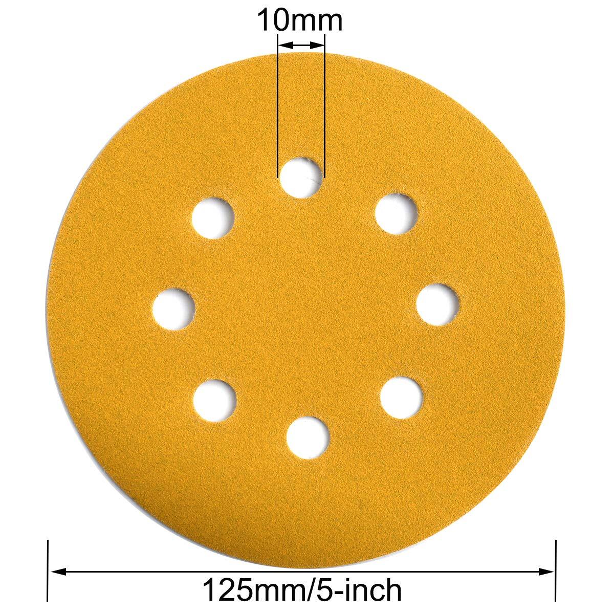 200PCS 5 In 8 Hole Gold Sanding Disc Hook Loop100 Grit for Random Orbital Sander