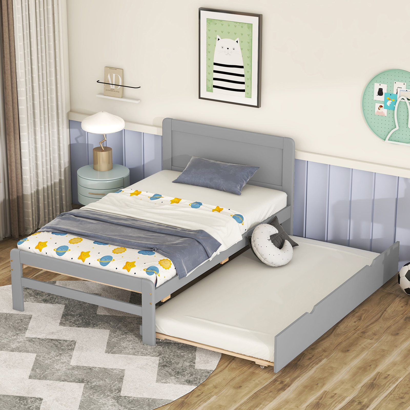 Wood Bed Frame Modern Design Twin Size Platform Bed Frame with Trundle Gray