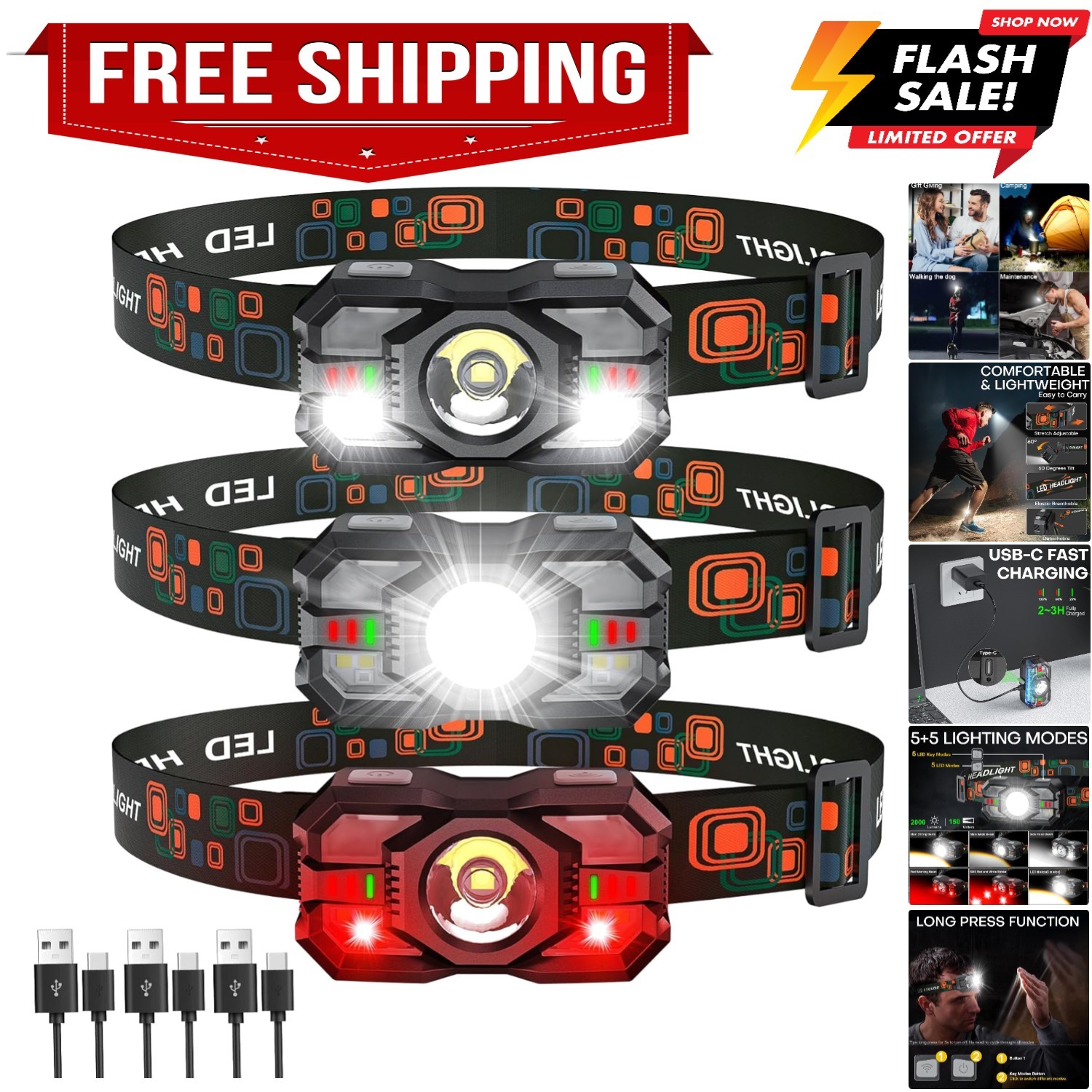 Rechargeable Headlamp Flashlight 3-Pack, 2000 Lumen Super Bright LED Headligh...