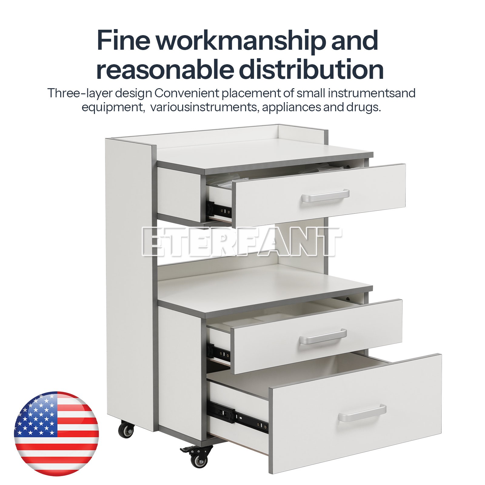 Dental Medical Trolley Cart Acrylic Mobile Wooden Cabinet Rolling Cart 3 Drawers