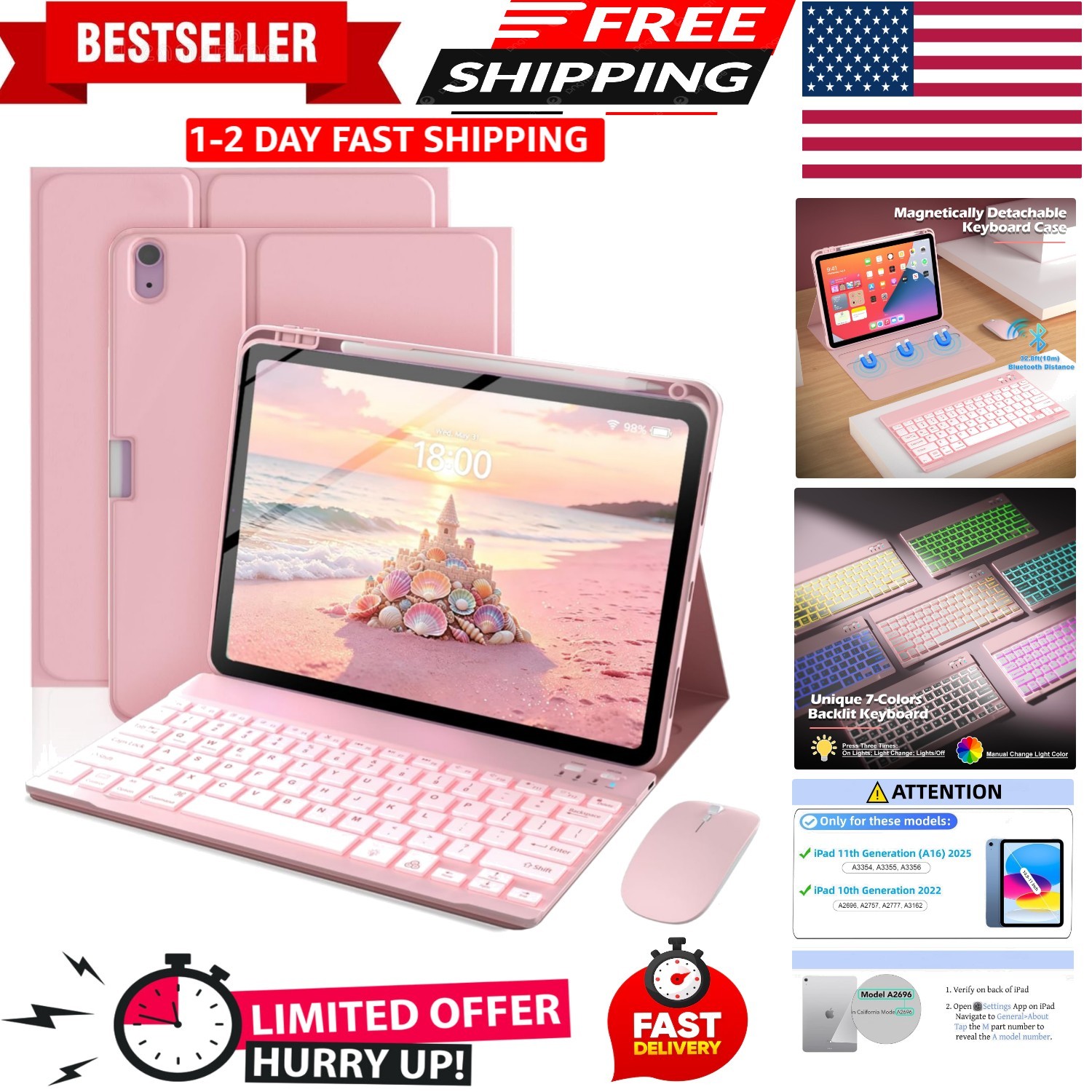 for ipad A16 Case with Keyboard and Mouse, Stand Folio Cover with Pencil Hold...