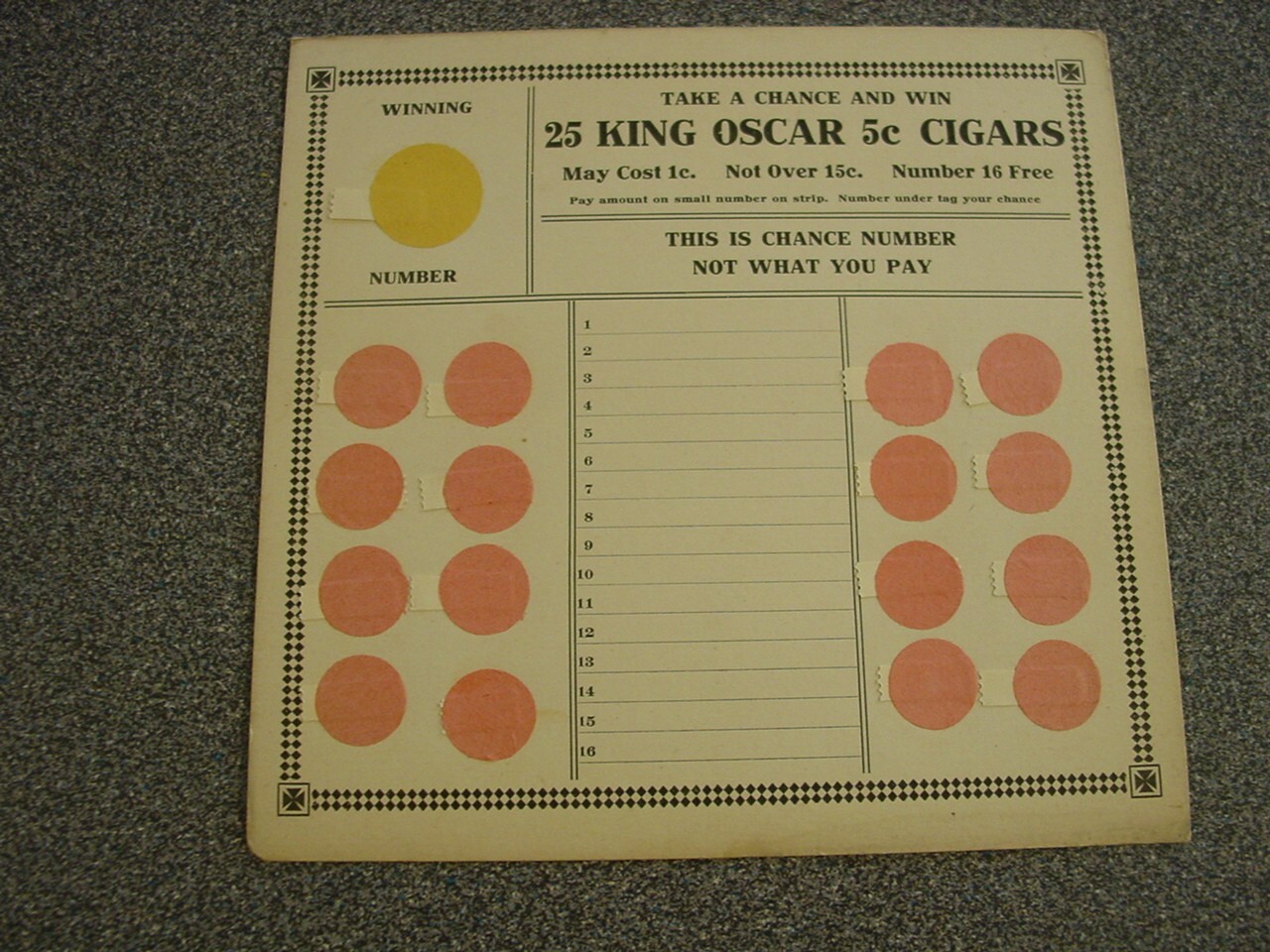 King Oscar 5c Cigars Winning Number Antique Punch Pull Gamble Game Harrisburg PA