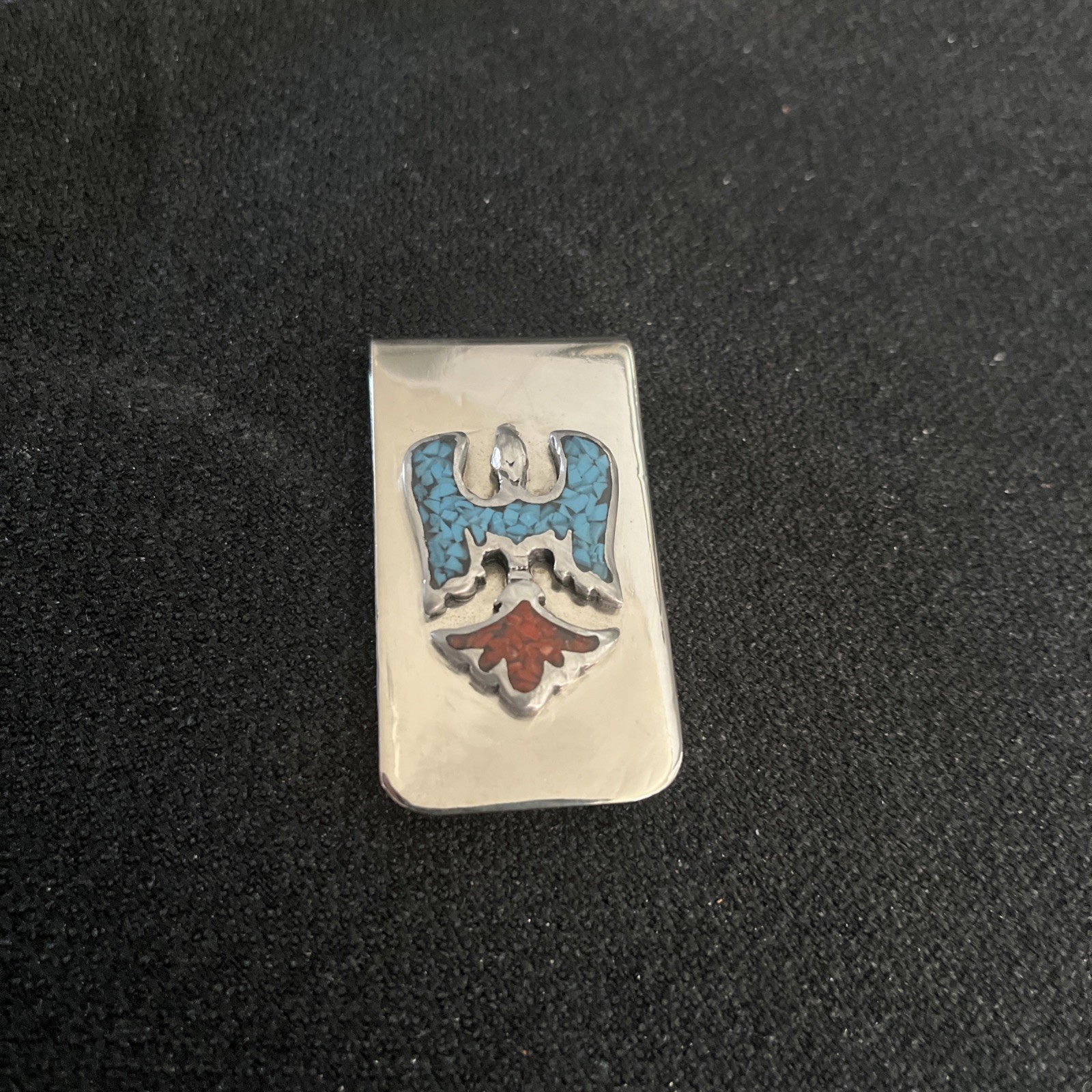 Nickel Money Clip w/ Eagle Design Inlaid With Coral And Turquoise.