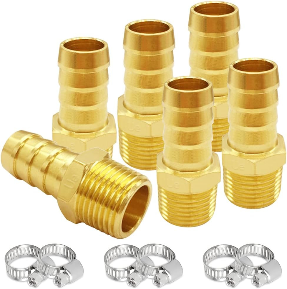 6PCS Brass Hose Barb Fittings 3/8" NPT Male to 1/2" Barb Adapter Connector Inclu