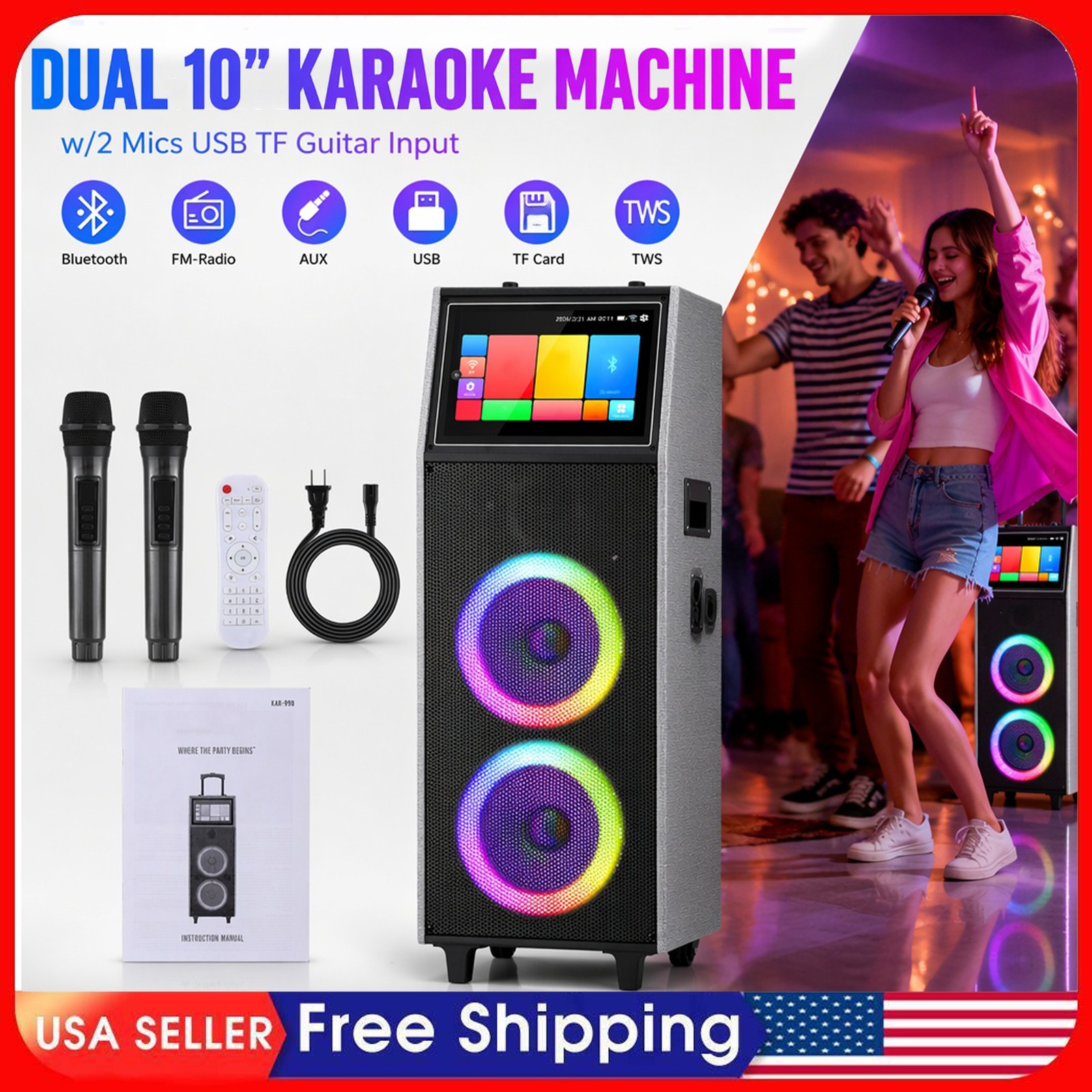 Dual 10" Karaoke Machine,8000W Bluetooth Speaker w/2 Mics USB TF Guitar Input