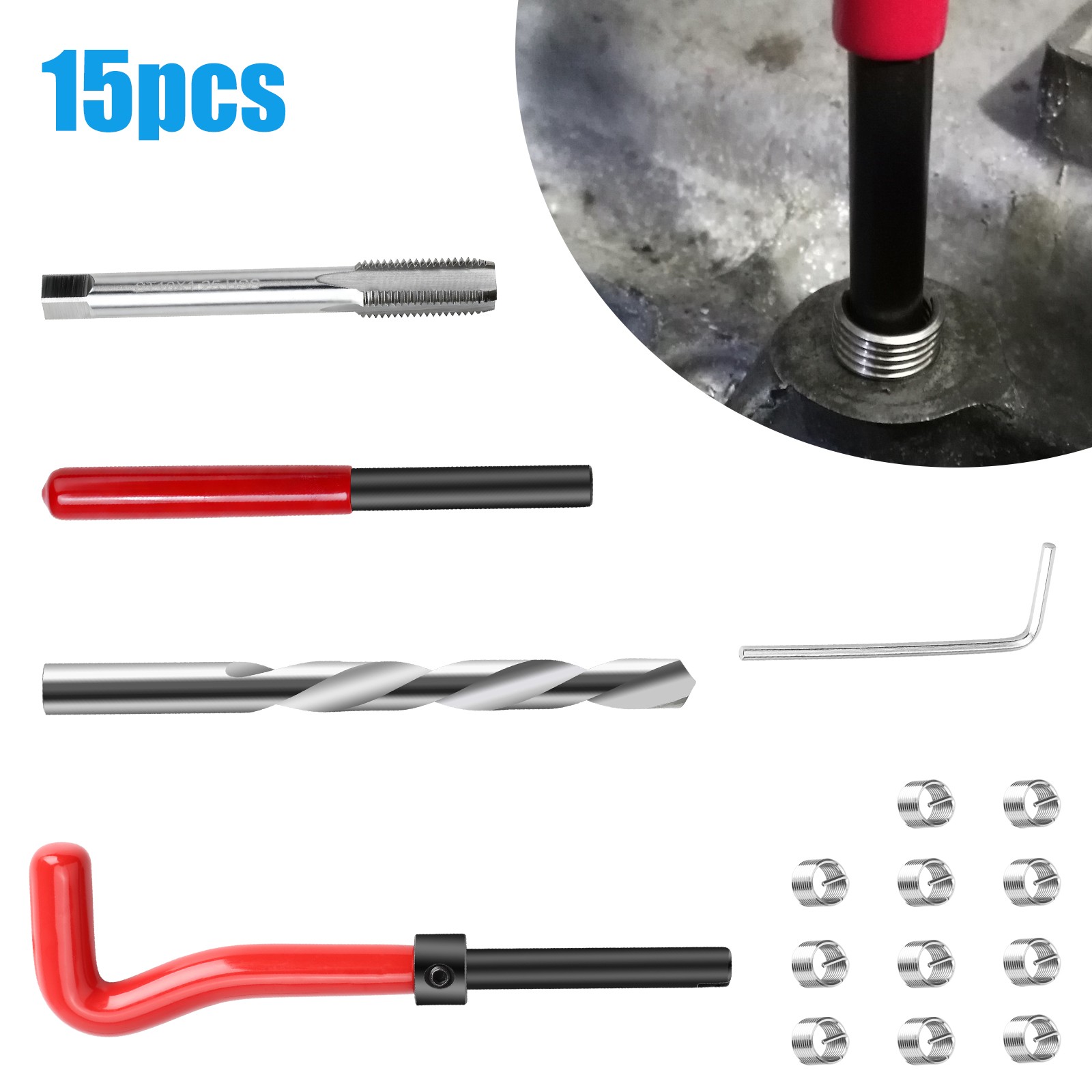 15PCS M10x1.25 Thread Repair Kit HSS Drill Tap Wire Insert Tool Car Fix Stripped