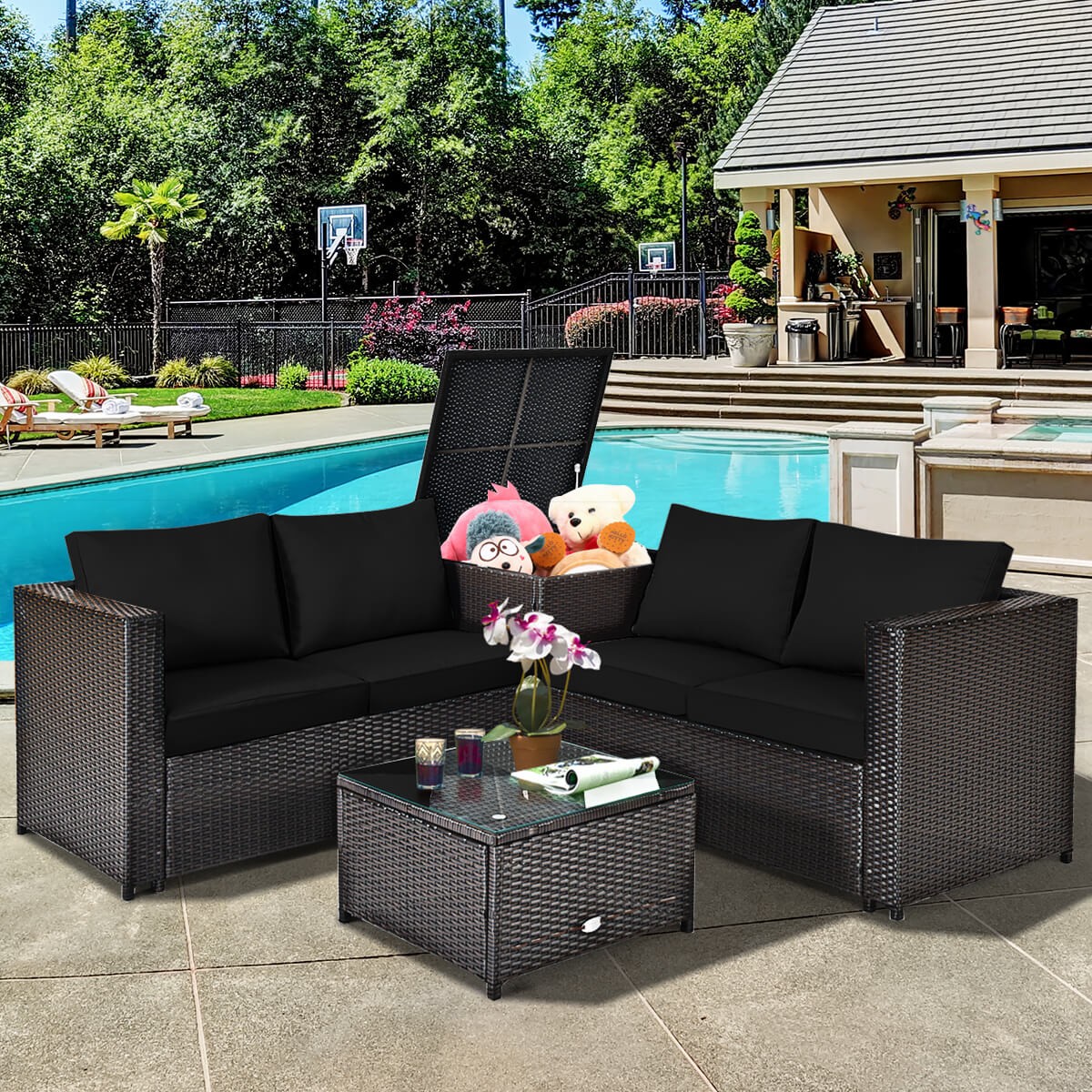 4PCS Outdoor Patio Rattan Furniture Set Cushioned Loveseat Storage Table Navy
