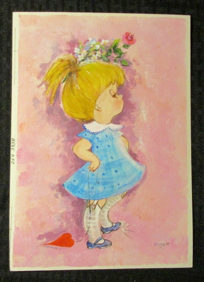 VALENTINES DAY Cute Girl in Blue Dress & Heart 7x10" Greeting Card Art #3438