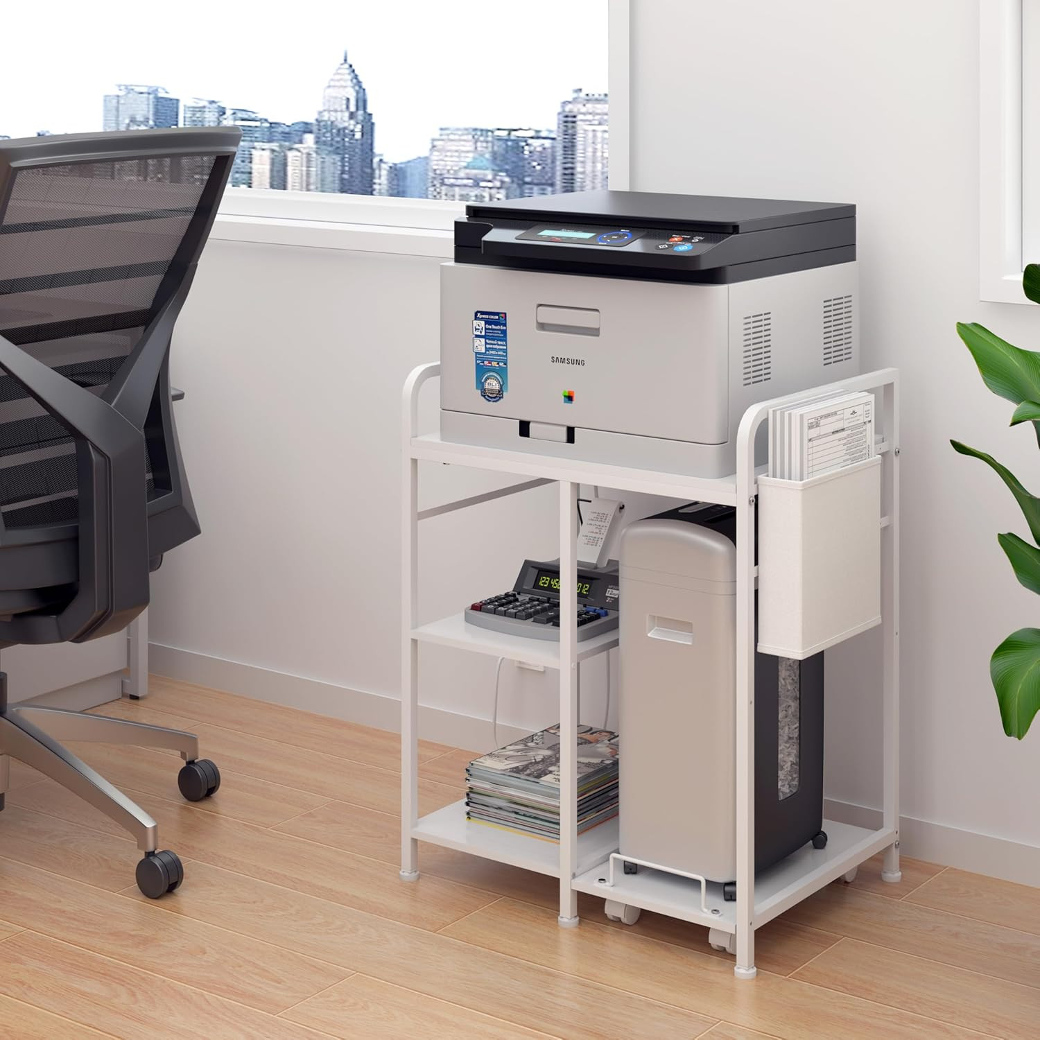 Home Printer Stand with Charging Station & Storage for Office - White