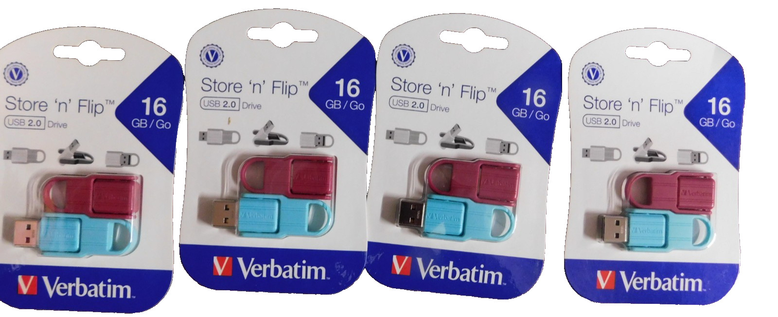 Verbatim 16GB Store 'n' Flip USB Drive - 4 Packs Of 2- Berry, Blue-8 total