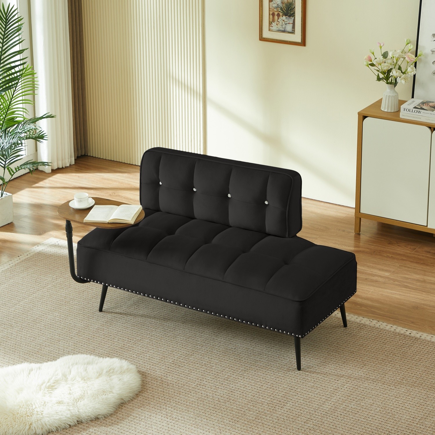 Modern 2-Seater Velvet Sofa w/ 360° Rotating Side Table & Backrest for Apartment